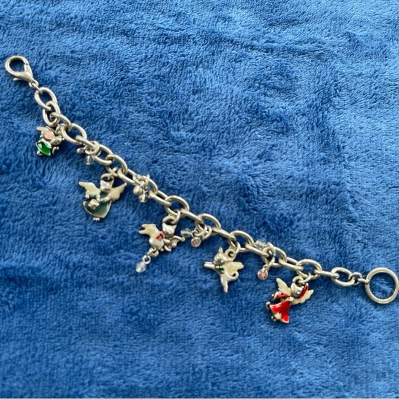 AJMC Jewelry - Vintage Enameled Cat Angels Dangle Charms Silver Bracelet With Crystals